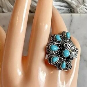 Native American Chief Ring Sleeping Beauty Turquoise, Sapphire, 925 Silver SZ 5